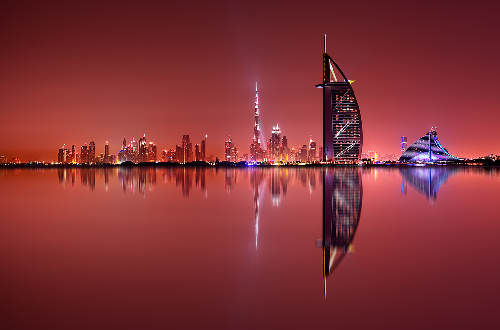 Dubai skyline reflection dubai united arab emirates