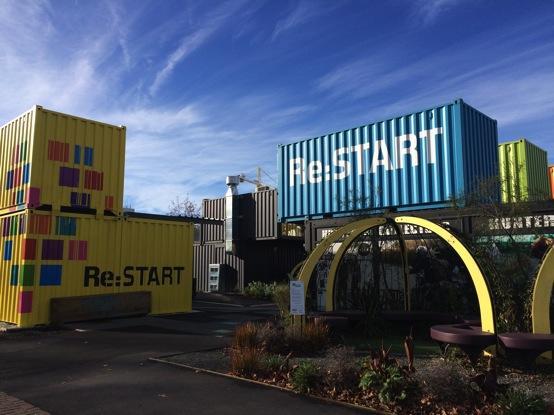 Colourful containers of the Re:Start Mall just before the lunch hour rush.