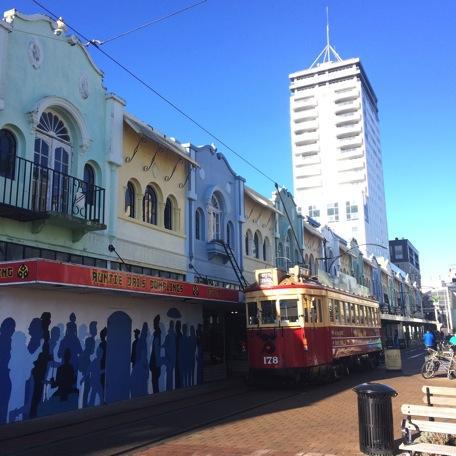 Historic Christchurch trams in the middle of New Regent Street.