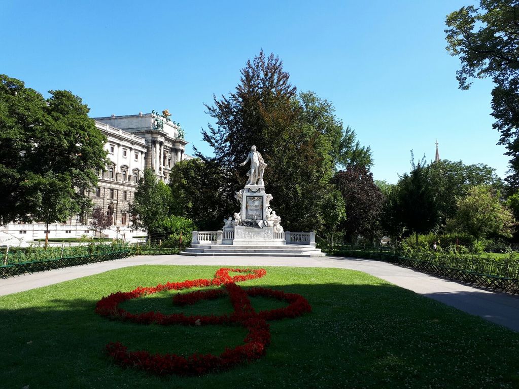 the beautiful burggarten in the inner stadt of vienna | monuments in the burggarten include mozart