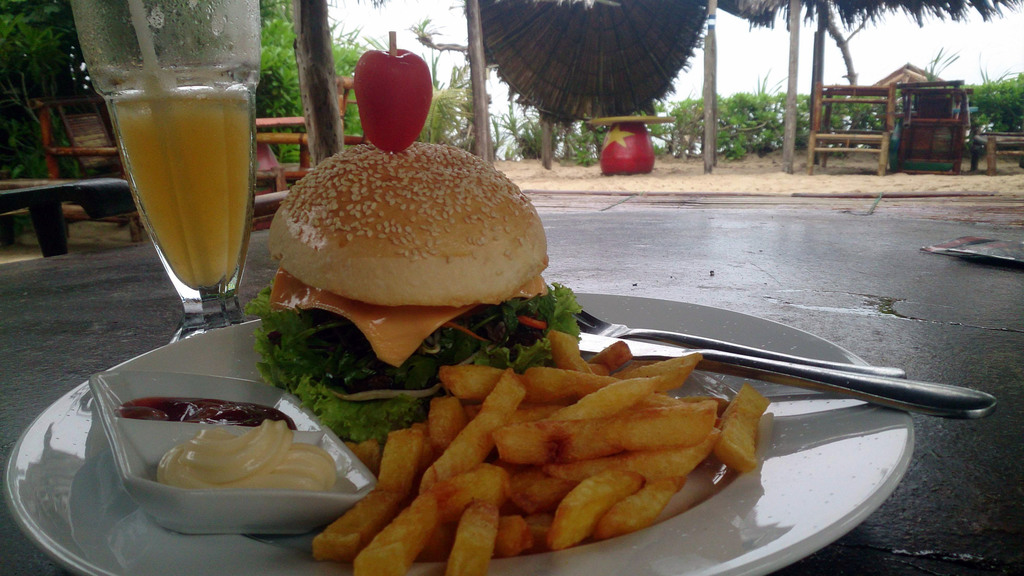 Yummy, juicy burger with fries