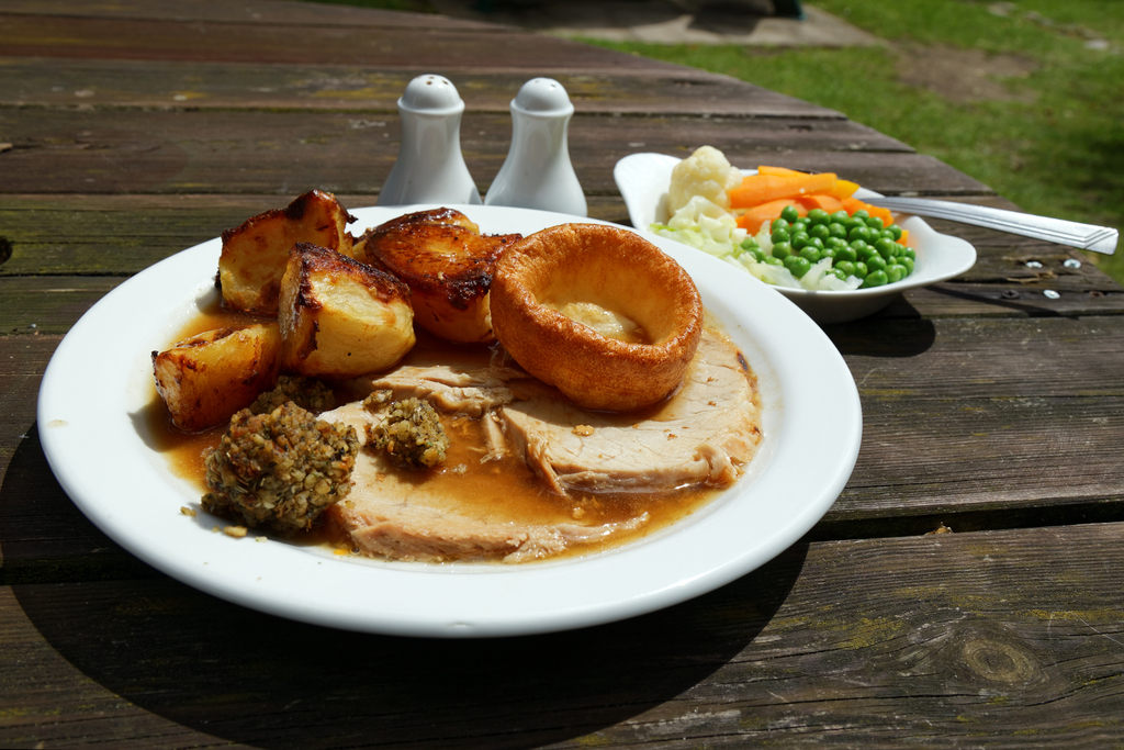 A roast pork Sunday Lunch dinner Newgate Street Hatfield Hertfordshire England