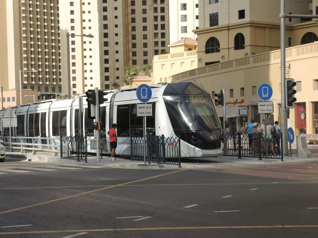 Dubai Tram at stop in Dubai Marina 2014