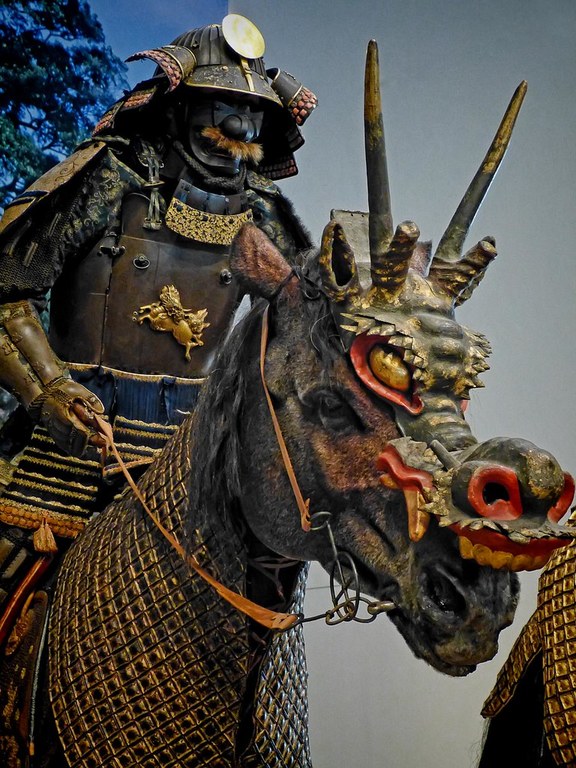Mounted Samurai wearing Tatehagidō Armor with horse wearing a horned dragon mask Early Edo Period 17th century CE Japan