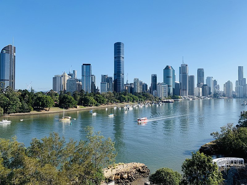 Skylines of Brisbane in winter misty morning seen from Kangaroo Point, Queensland 04