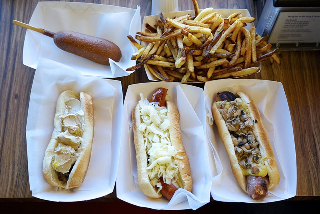 Gourmet hot dogs, corn dog and home fries