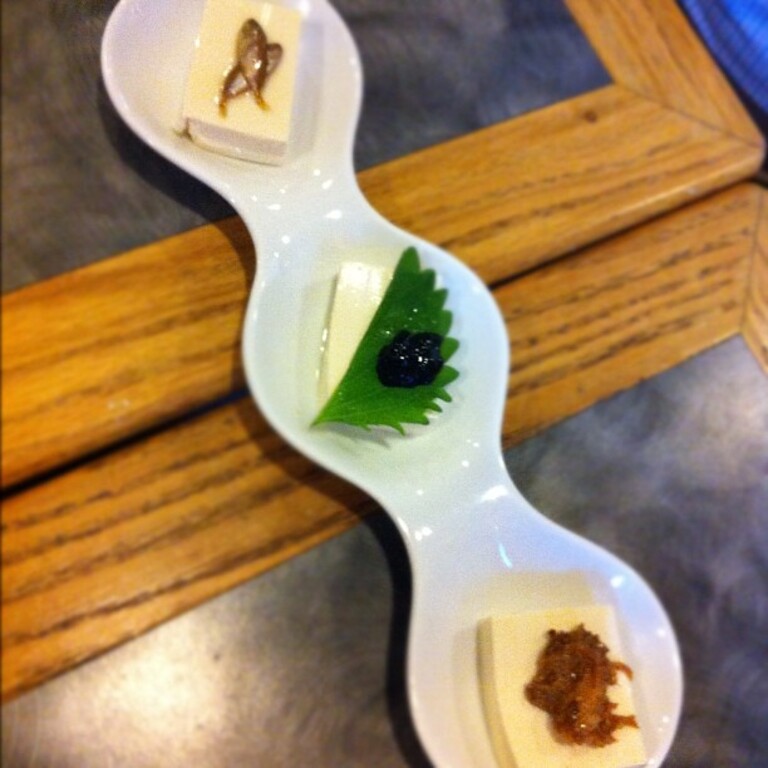 Okinawan tofu: w/ miso anchovies, squid ink, and miso paste (top to bottom). #foodporn #nomnom #tofu