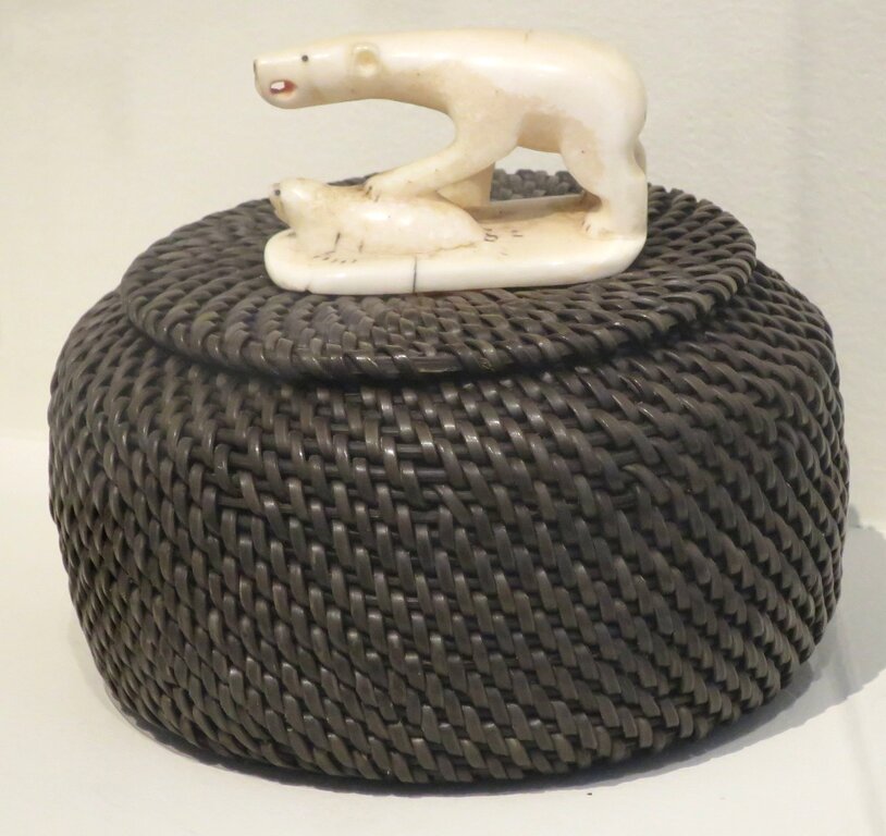 Basket with bear and seal carving by George Omnik, Point Hope, Alaska, Eskimo, HAA
