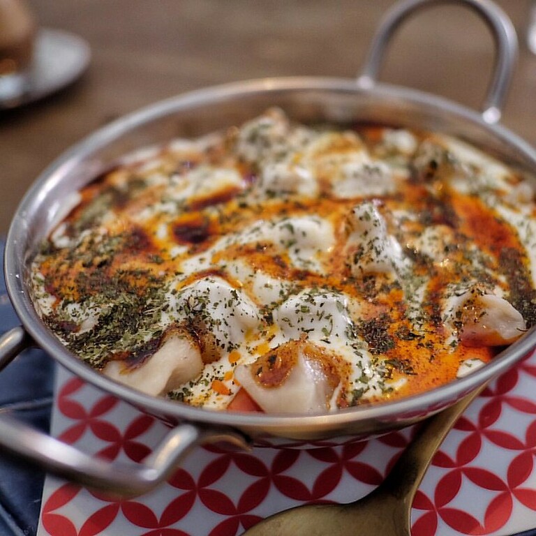 Manti: homemade Turkish beef dumplings, with garlic yoghurt sauce. #eats