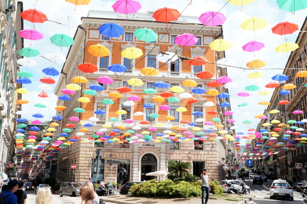 Umbrellas in the streets of Genoa, Italy