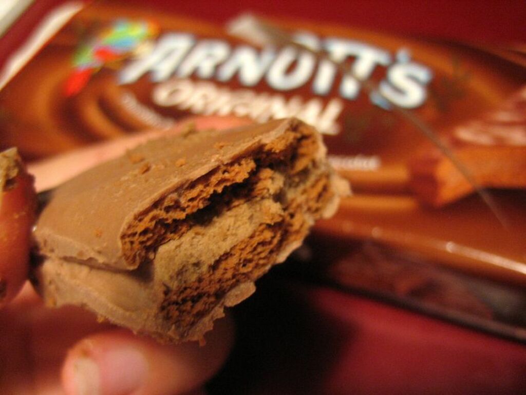 The inside of a Tim Tam