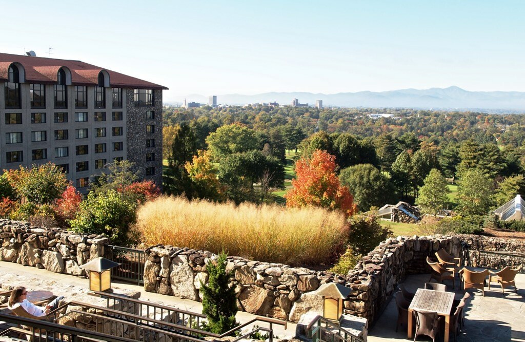 View of Asheville and the Blue Ridge Mountains from the Sunset Terrace of the Grove Park Inn