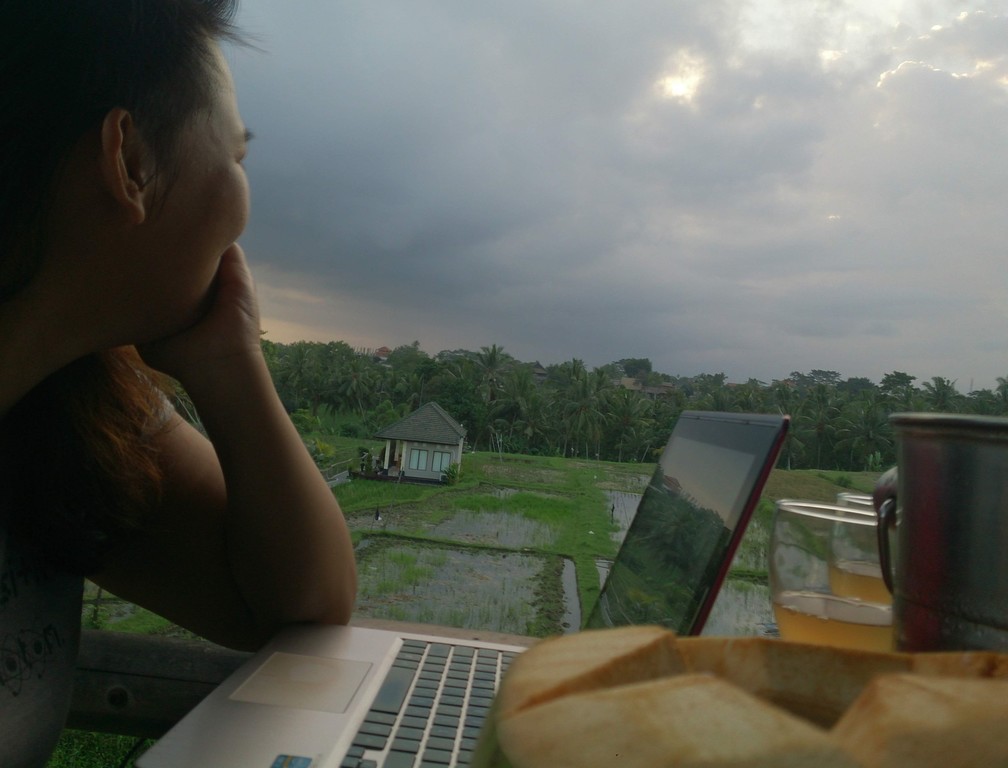 Working by Ubud's rice terraces
