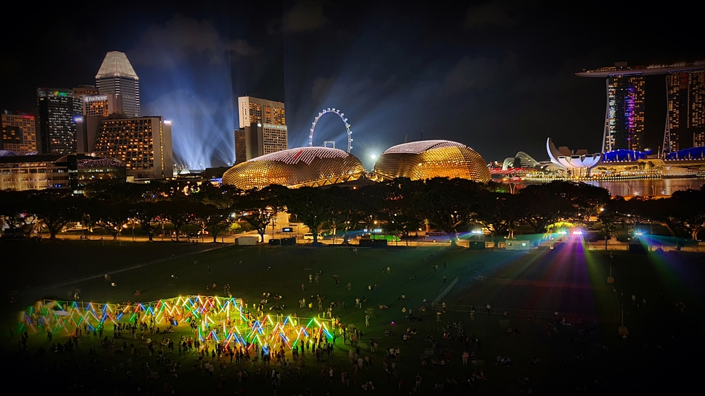 Centre twin dome shape is the Esplanade.  View from Padang