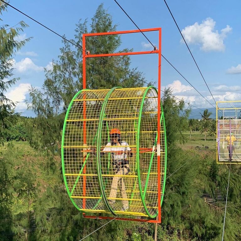 Trying the zip line