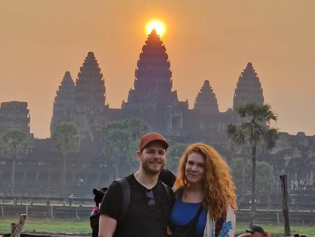 With the historic temple in the background