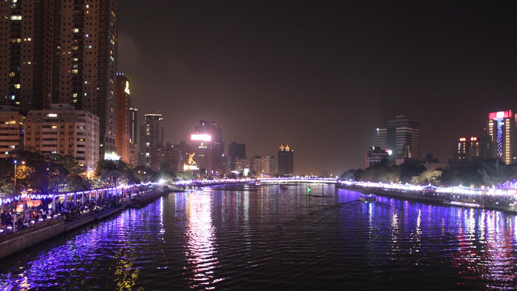 Lights up after sunset at the Love River