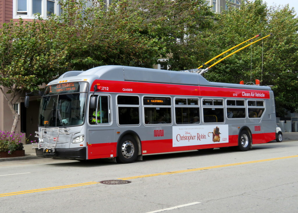 Muni route 1 trolleybus in Laurel Heights, July 2018