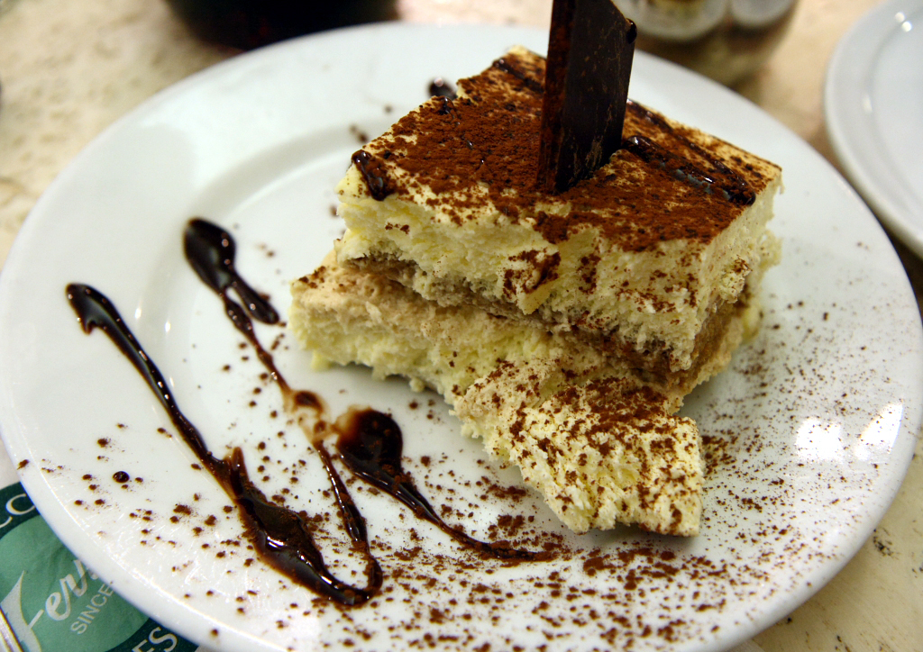 Tiramisu with cholocate sauce at Ferrara in Little Italy, New York City