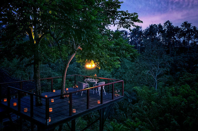 forest dining at tree deck overlooking lush valley of ubud