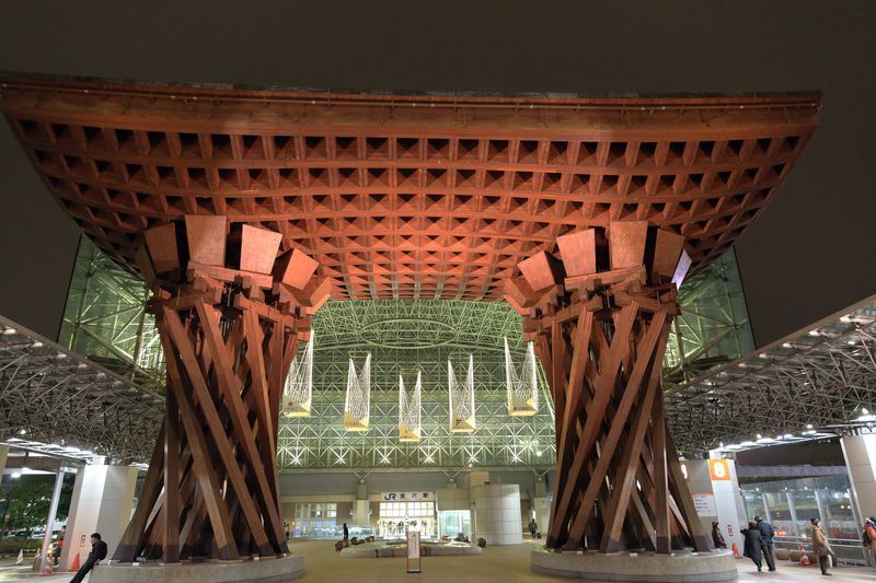 Gates in front of Kanazawa Station at night