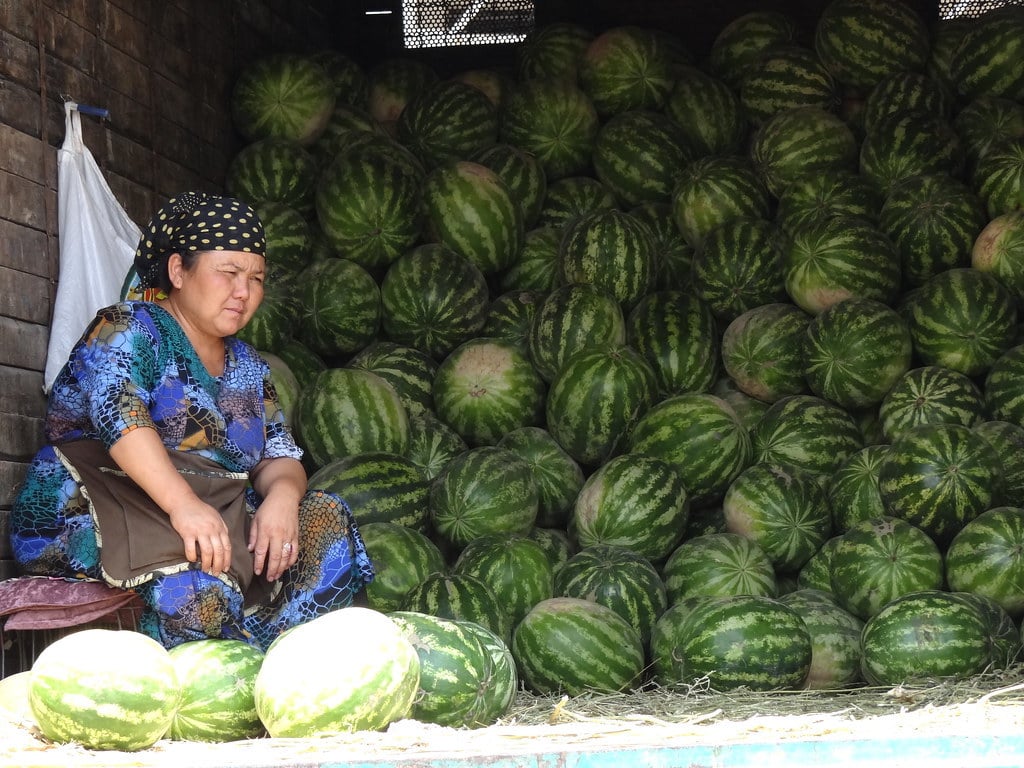 Woman Selling Watermelons out of Back of Truck - Bazaar - Andijon - Uzbekistan