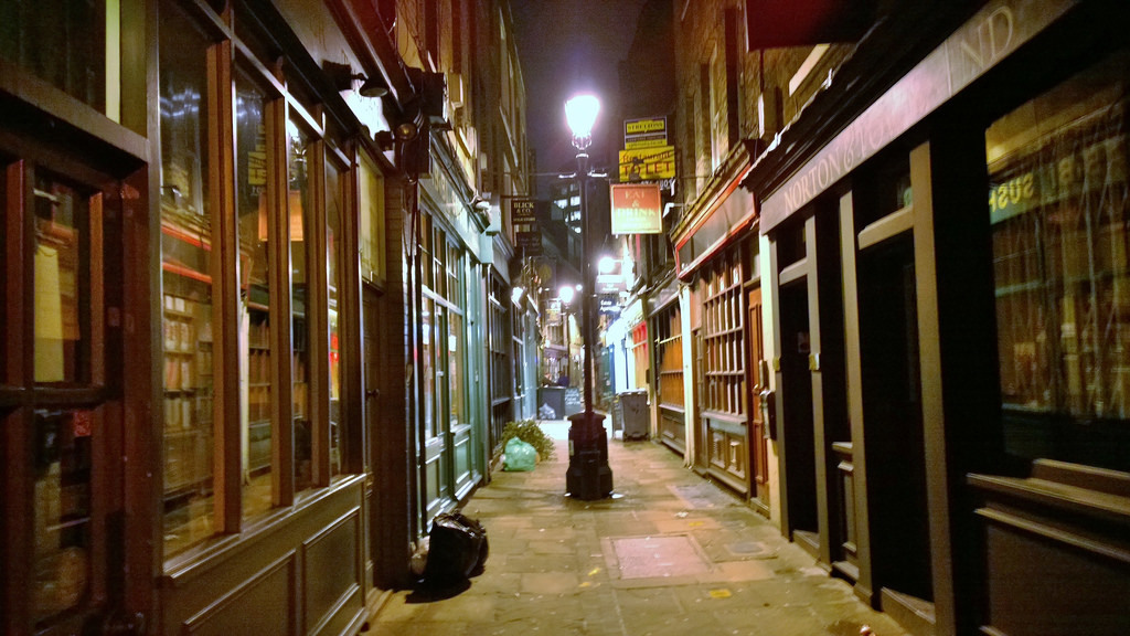Alley of shops in Spitalfields London near Artillery Lane (on the Jack The Ripper tour)