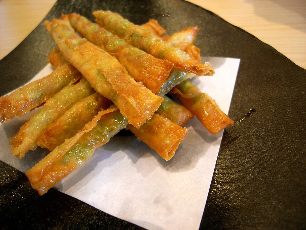 deep fried edamame wrupped with yuba (soybean casein paper)