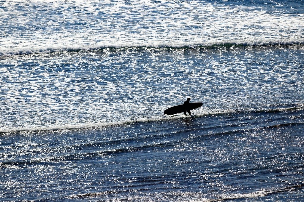 Man with surfing board on San Onofre beach