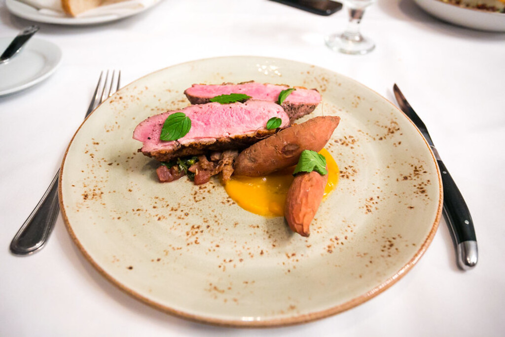 Duck, fingerling sweet potato, apple, purslane