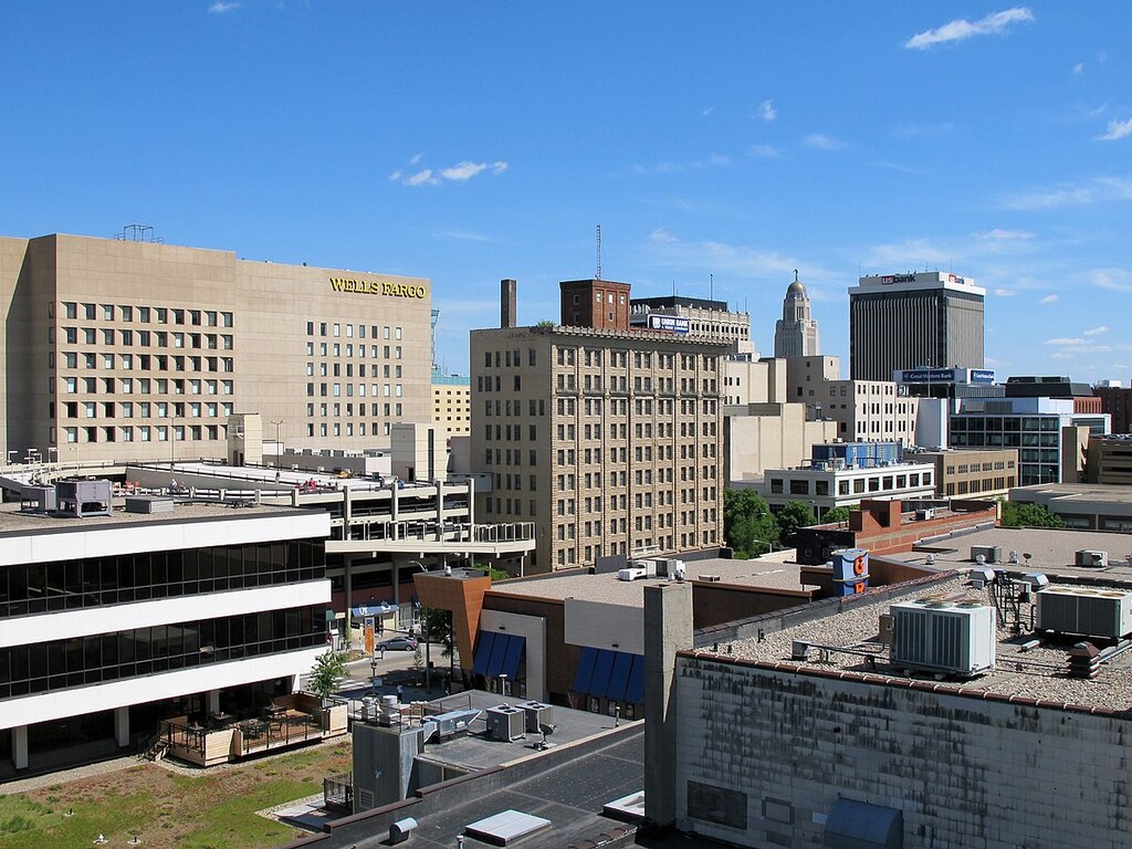 Aerial view of downtown Lincoln, Nebraska, USA (looking southeast)