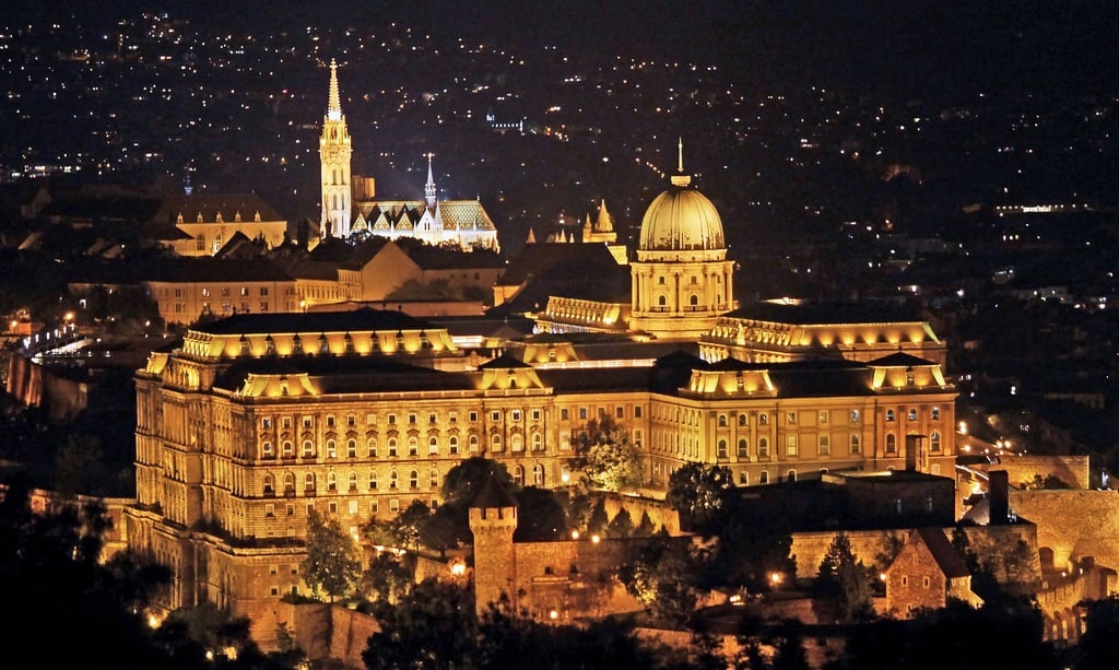 Buda Castle with Matthias Church (Ariel,night)