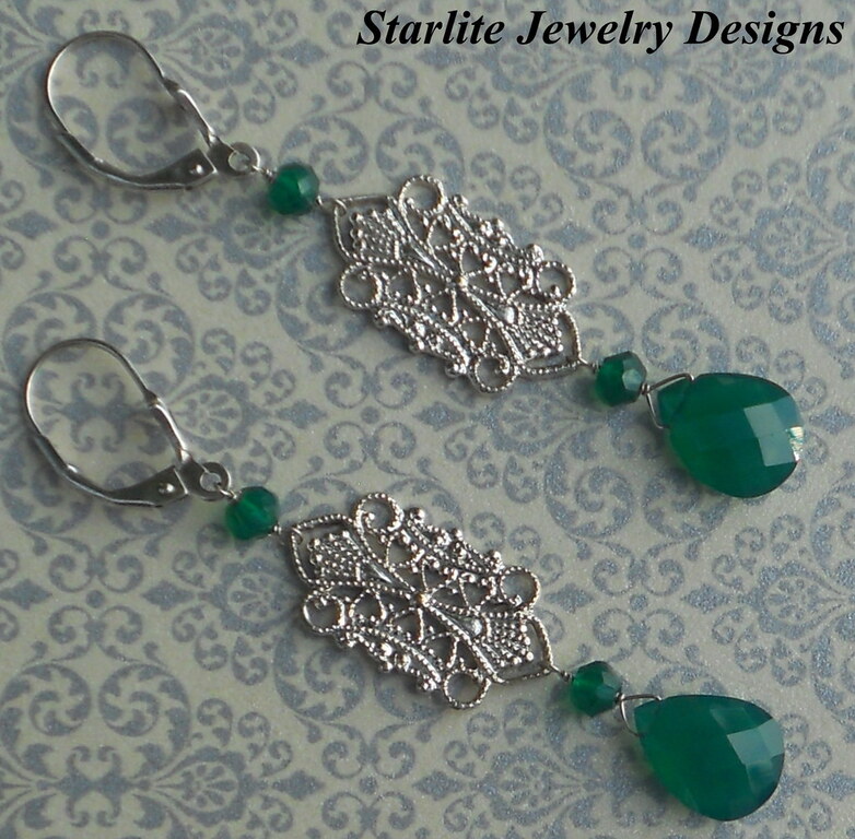 Green Onyx Vintage Filigree Earrings ~ Briolette Earrings Jewelry