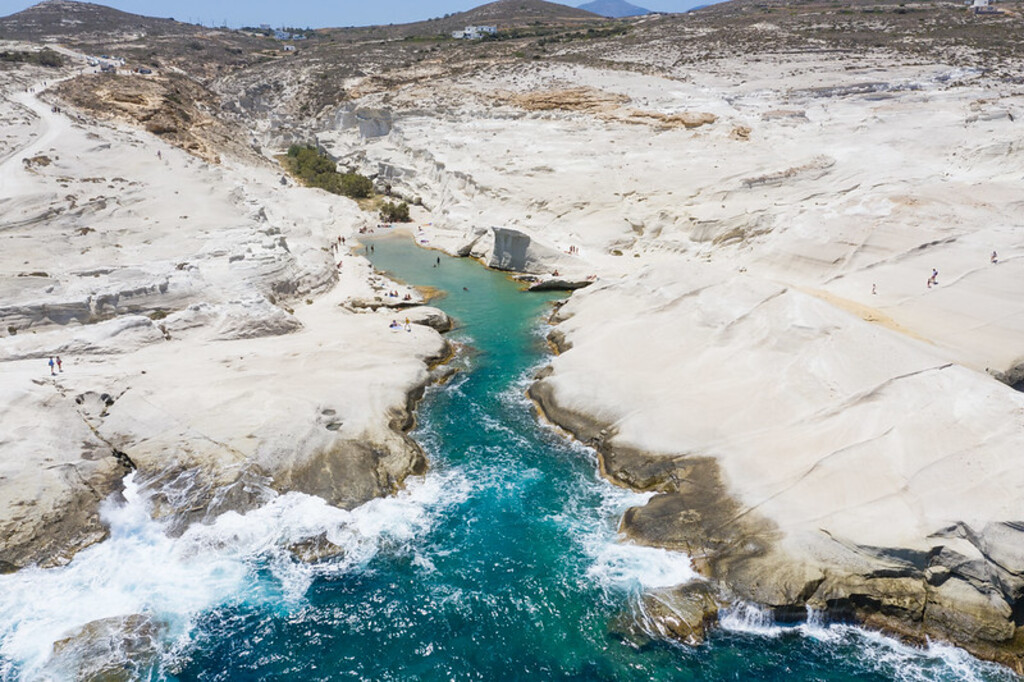 A view from the Aegean Sea to Sarakiniko Beach on Milos Island, Greece