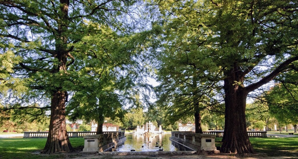 Tower Grove Park at Sailboat Pond with Castle Ruins in St Louis MO