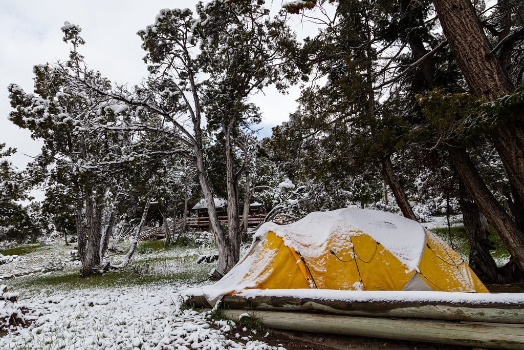 Snowy tent in Mammoth Campground