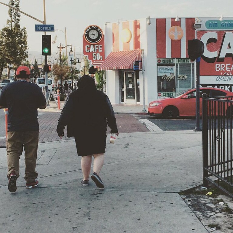 Two exceptions to the no-walking rule in Los Angeles. I was headed towards the 50's cafe to take a peek at their menu. It looked like an LA staple