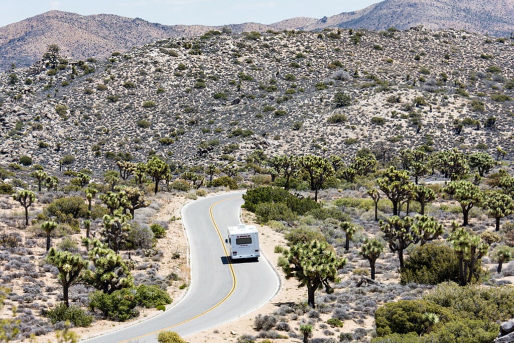 El Monte RV driving through Joshua Tree National Park