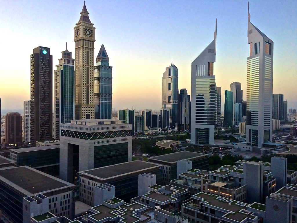 Emirates Towers in Dubai at dawn