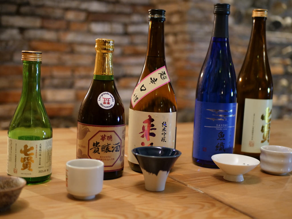 Japanese sake bottles and glasses