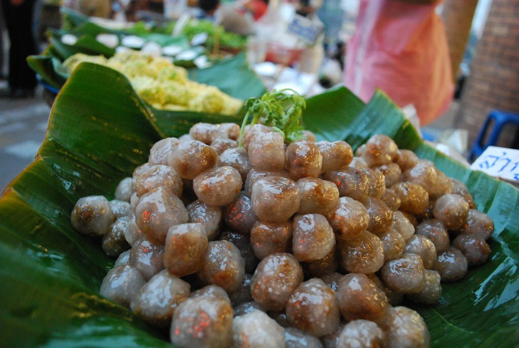 Sago dumplings with pork, peanut, and preserved mustard stems, 10 for THB20 -  Night Market, Kad Suan Kaew