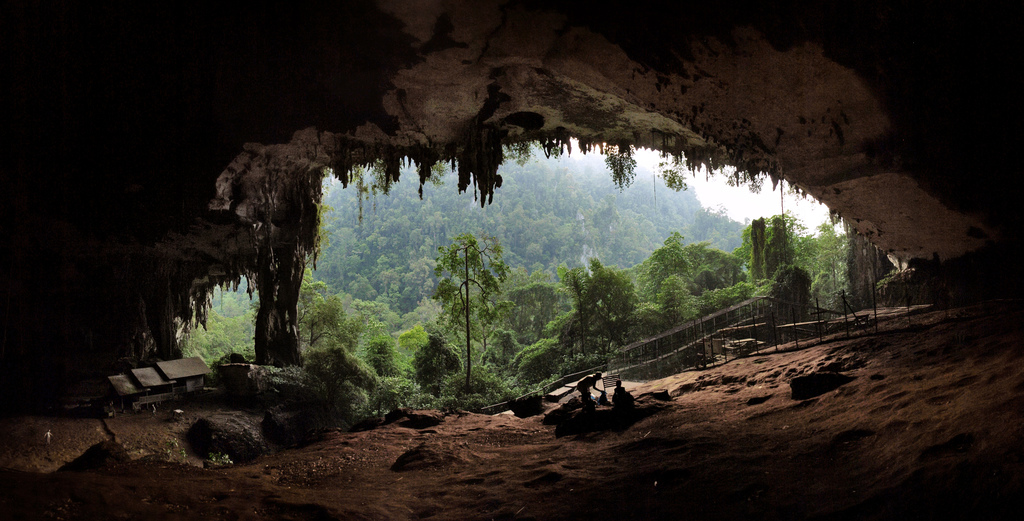 The main entrance to the Niah Caves at sunset.