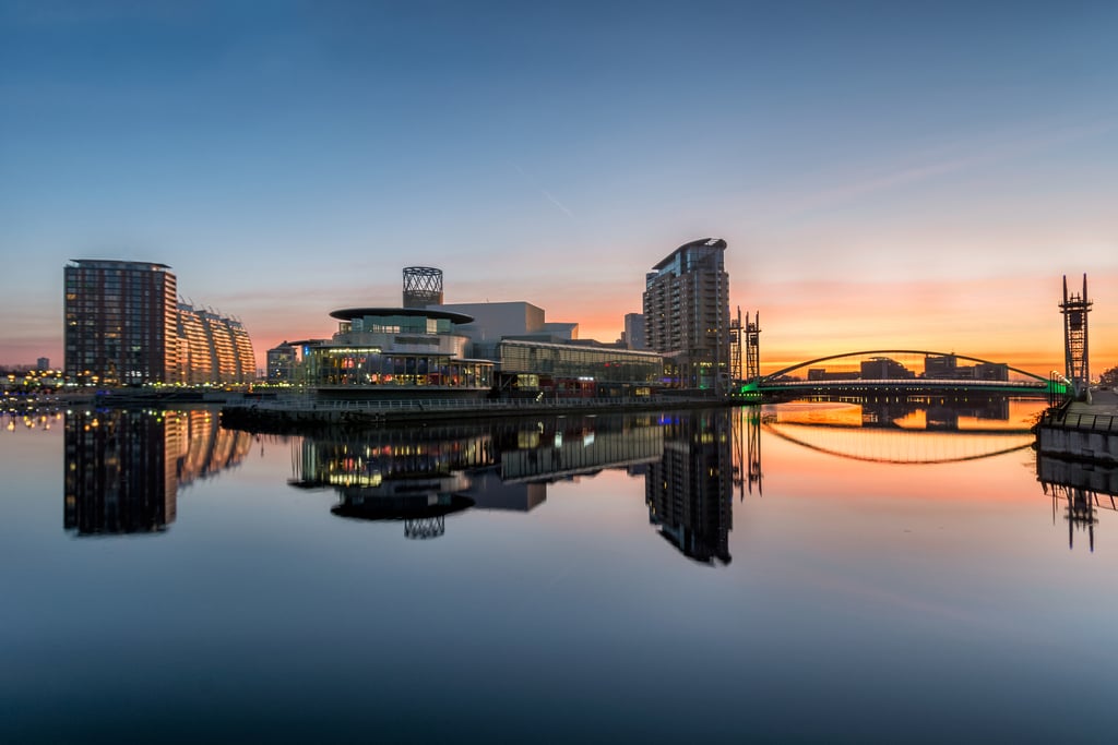 Orange Sunrise At Salford Quays With Reflections