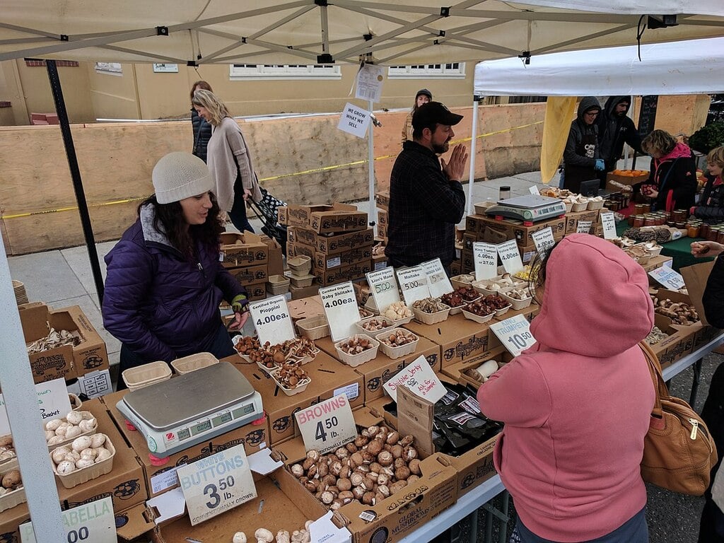 Mushroom stand at the Campbell farmers' market.gk