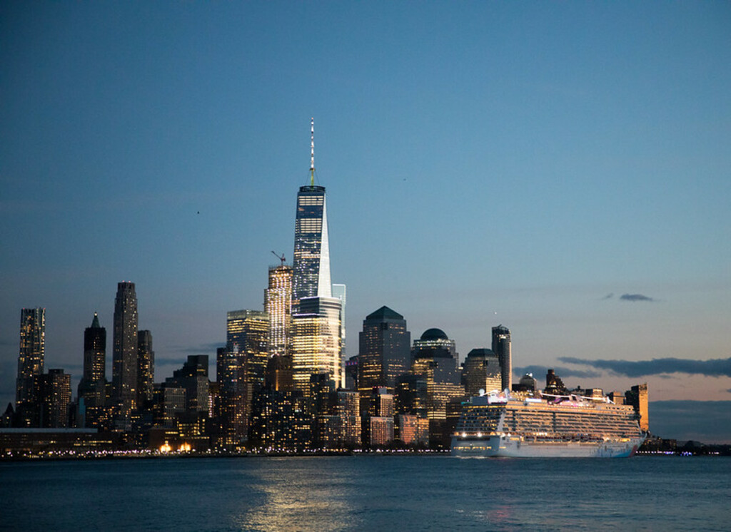 Norwegian Cruise Line's Norwegian Breakaway departs Manhattan and heads south down the Hudson River.