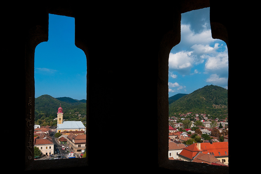 Baja-Mare - The windows of Stephens Tower cutting patches of landscape