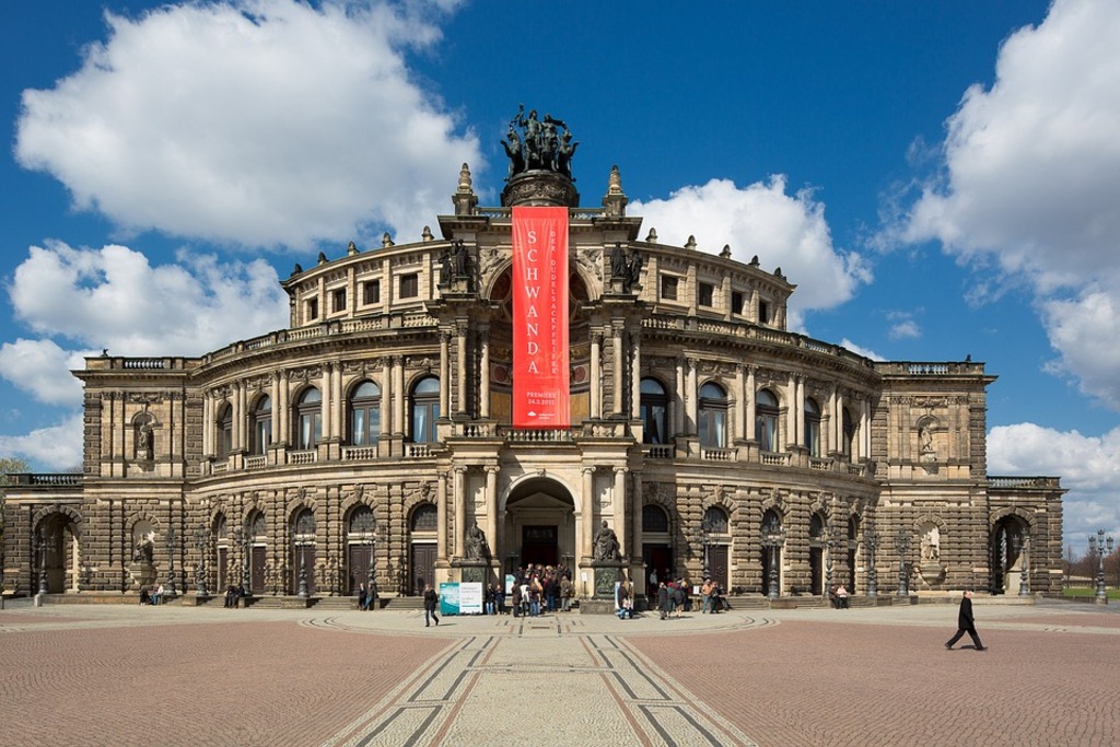 Dresden’s Semper Opera House brightly lit at night