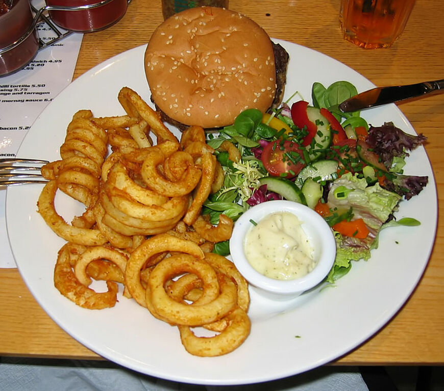 Bar-91 burger, curly fries and salad
