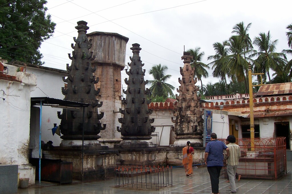 Courtyard of the Banashankari temple with ventilation towers or deepa stamba