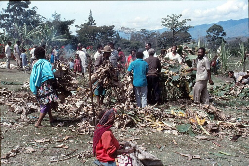Papua New Guinea 1991-029 Preparing the Mumu for the Wedding Feast E.B.C. Swiss missiion Church, Kasena , Asaro, E.H.P (32923568213)
